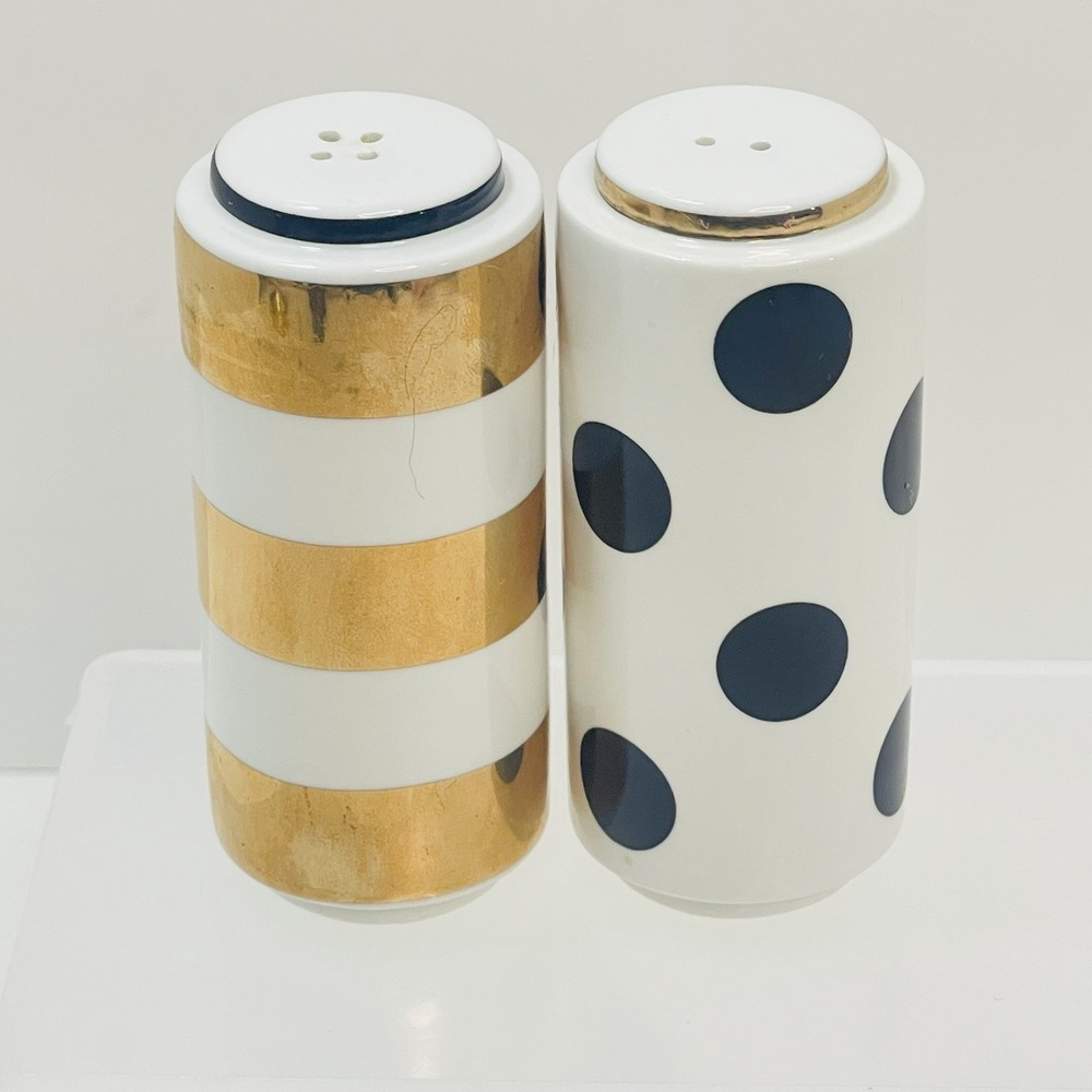 Lenox Kate Spade Fairmount Park Salt & Pepper Shakers EUC Gold Black Polka Dots